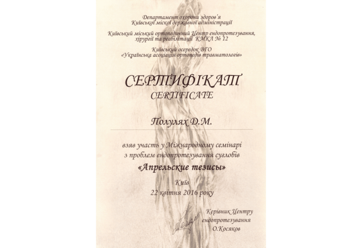 Сертификат Семинар по проблемам эндопротезирования